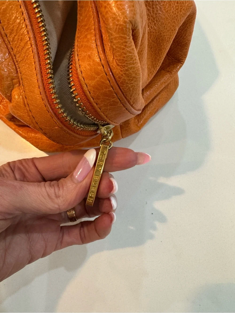 Tory Burch Orange Leather Double-Handle Shoulder Bag with Gold Logo Hardware